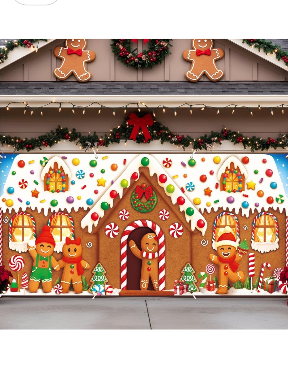 Festive Gingerbread House Holiday Backdrop or Garage Door Hanger - Brown & White
